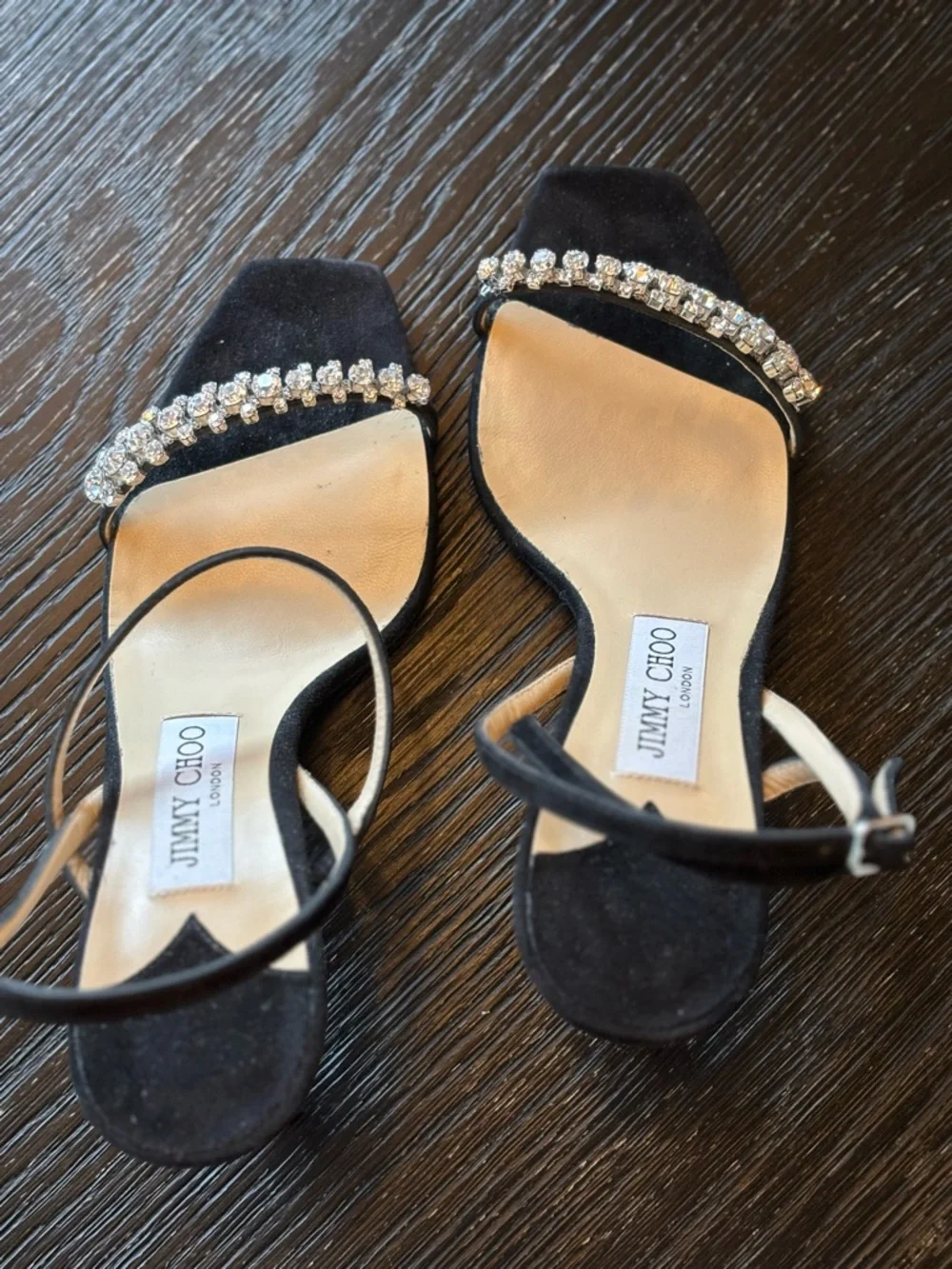 Jimmy Choo Black Suede Crystal-Embellished Ankle-Strap Heels - Picture 4 of 5